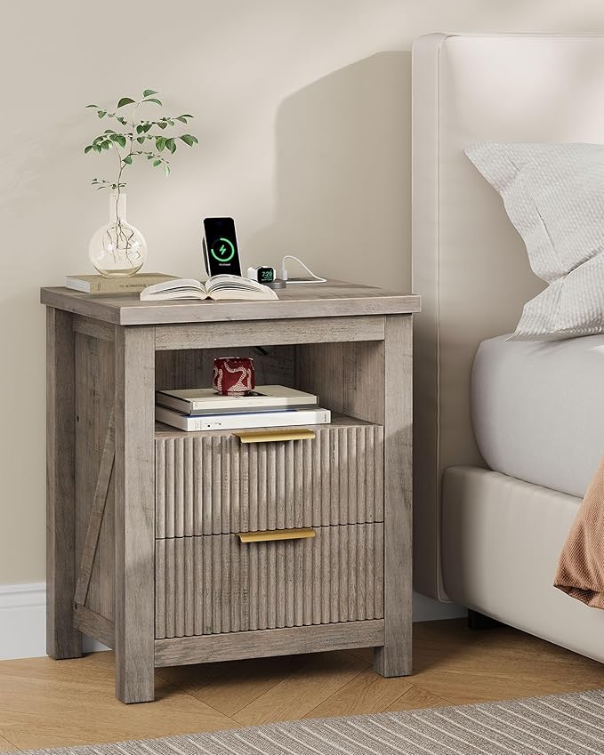 Fluted Nightstand, End Table with Charging Station and 2 Drawers, Farmhouse Nightstands with Fluted Panel, Engineered Wood Side Table for Bedroom Greige MBZ06UFH