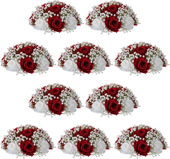 NUPTIO Babys Breath Artificial Flowers: 10 Pcs 8.6 inch Diameter Crimson Rose Ball Fake Arrangement Bouquet for Wedding Centerpiece Event Party Tables Decorations