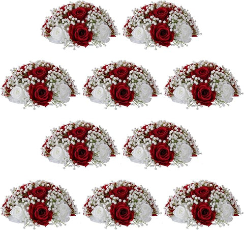 NUPTIO Babys Breath Artificial Flowers: 10 Pcs 8.6 inch Diameter Crimson Rose Ball Fake Arrangement Bouquet for Wedding Centerpiece Event Party Tables Decorations
