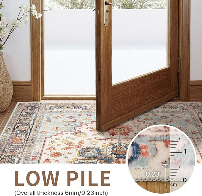 GENIMO 2X5 Runner Rugs for Entryway,Machine Washable Vintage Floor Cover Foldable Modern Non Slip Rug, Low Pile Soft Carpet Floral Print Mat for Indoor Entryway/Bathroom/Kitchen/Carpet,Sky Blue