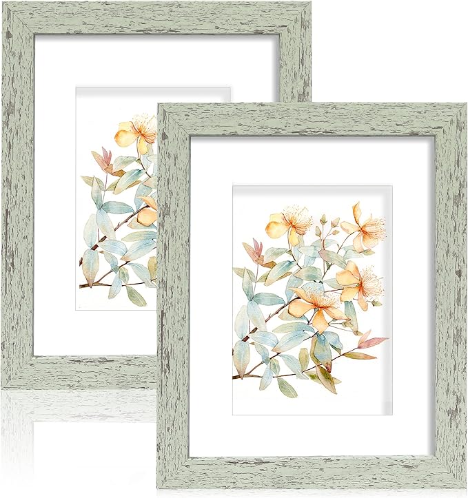 8x10 Picture Frame Set of 2, Made of Real Glass and Sage Green Wooden Frame - Display Picture 5x7 with Mat or 8x10 Without Mat, 8 by 10 Photo for Wall or Tabletop