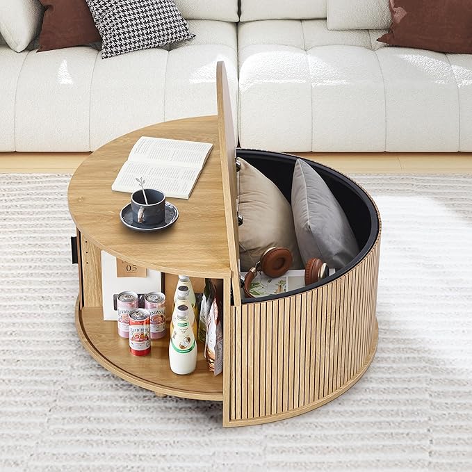 Round Coffee Table, Fluted Coffee Tables with Sliding Doors, Modern Circle Accent Center Table with Storage for Living Room, Apartment, Home Office (Natural)