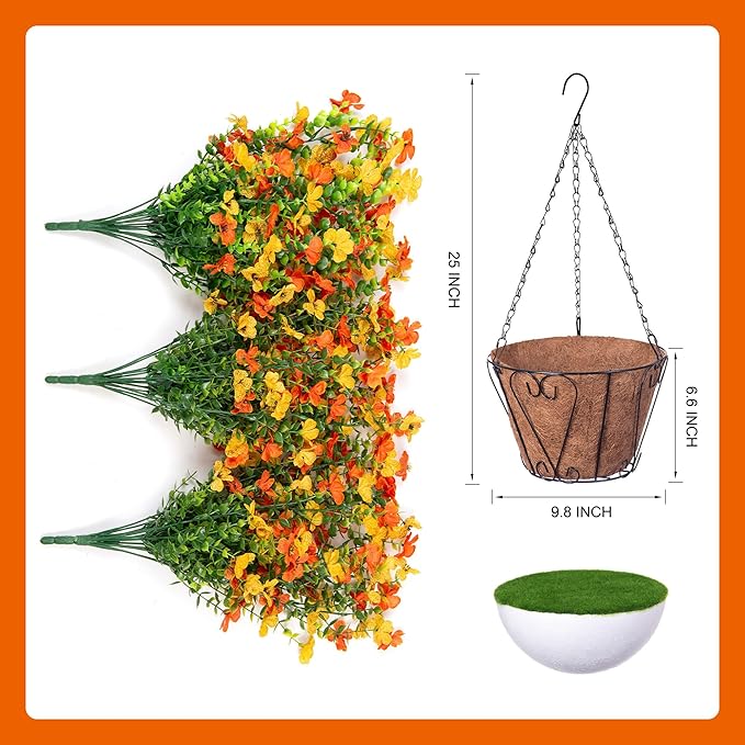 Artificial Fake Fall Hanging Flowers Plants with Basket for Outdoor Decor, Fake Mums Autumn Plants No Fade Plastic Faux Silk Daisy Flowers Fall Decoration for Outside Garden Porch Patio(Yellow Orange)