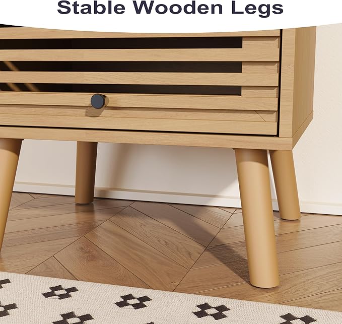 Nightstand Set of 2, Side Table, End Table, Mid Century Modern Nightstand with Hollowed Drawers, Bedside Tables, Small Nightstands with Storage for Bedroom, Living Room, Oak