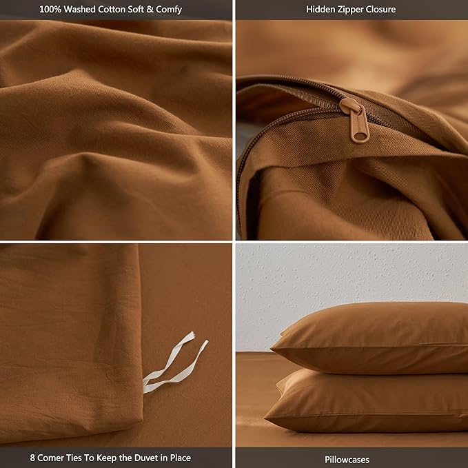 MooMee Super King Duvet Cover Set, 100% Washed Cotton Linen Like Twill Thick Sturdy Material Super Soft Breathable Durable Bedding for All Season, 3 Pieces (Dark Orange, Super King 108"x98")
