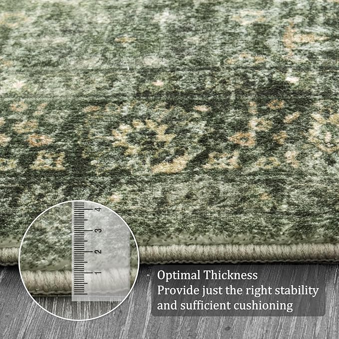 Morebes Vintage Throw Rugs, Boho 3x5 Washable Rug Non Slip,Soft Area Rug for Bedroom,Distressed Non-Shedding Floral Rug for Entryway Kitchen Foyer Bedside Playroom, Grayish Green