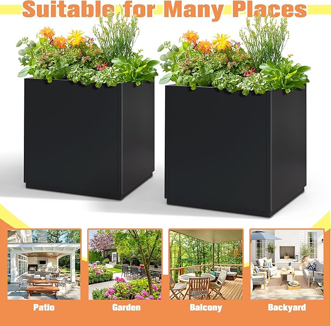 Large Square Planter Metal Black Planter Box with a Drainage Hole and a Removable Divider Indoor Outdoor Porch Pots for Tall Plants, Trees, Flowers 17.01" x 17.01" x 17.99" Black