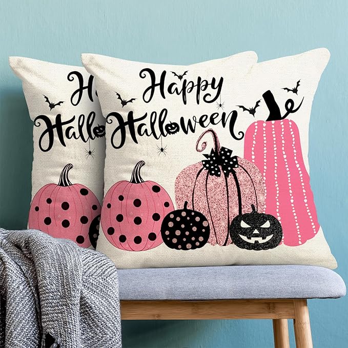 Halloween Pillow Covers 18x18 inches Set of 2 Pink Black Pumpkin Decorative Farmhouse Throw Pillow Covers Outdoor Happy Halloween Decor Farmhouse Linen Cushion Case for Home Sofa Decoration