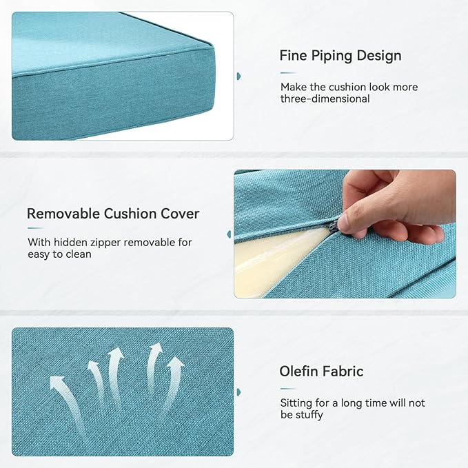 Luxury 6" Outdoor Cushions for Patio Furniture, 24x24x6 Thick Seat Cushion Set, Fade Resistant Couch Chair Replacement Cushions High Density Deep Wicker Chair Cushion with Removable Cover, Teal