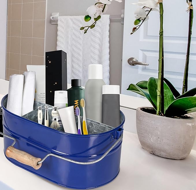 Alpha Living Home 4-Section Galvanized Utensil Caddy - Farmhouse Organizer with 4 Compartments and Wooden Handle - Versatile Storage for Kitchen, Outdoor & Party Essentials (Blue)