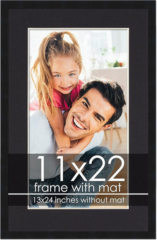 11x22 Frame with Mat - Black 13x24 Frame Wood Made to Display Print or Poster Measuring 11 x 22 Inches with Black Photo Mat