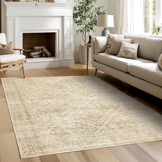 MIULEE 5x7 Vintage Living Room Rug Washable Area Rugs Low Pile Floor Mat for Bedroom Dining Room Non-Slip Stain Resistant Soft Indoor Carpet for Home Decor, Neutral Beige