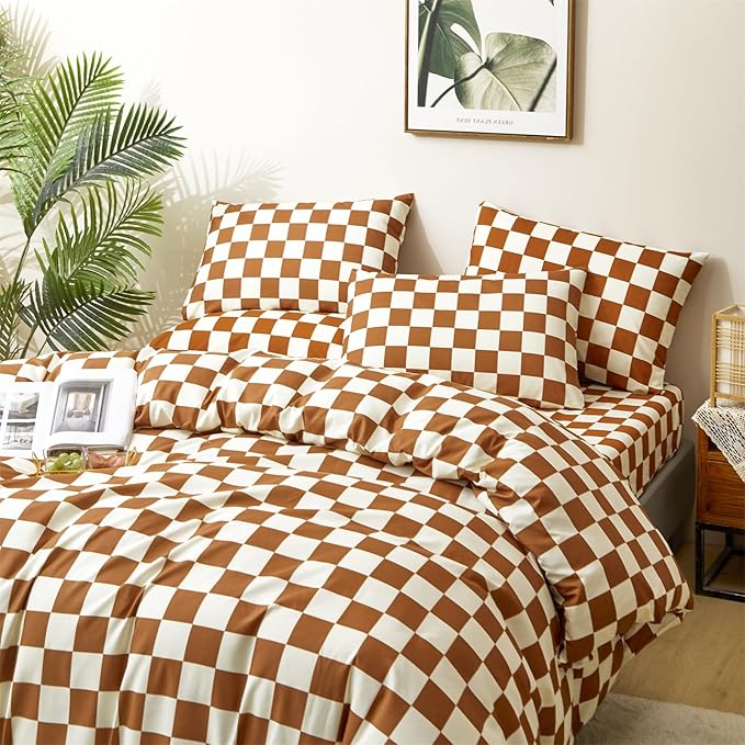 CLOTHKNOW Plaid Comforter Sets Full Pumpkin Beige Grid Bedding Comforter Sets All Season Checker Comforter Soft Brown Beige Comforter with 2 x Pillow Cases