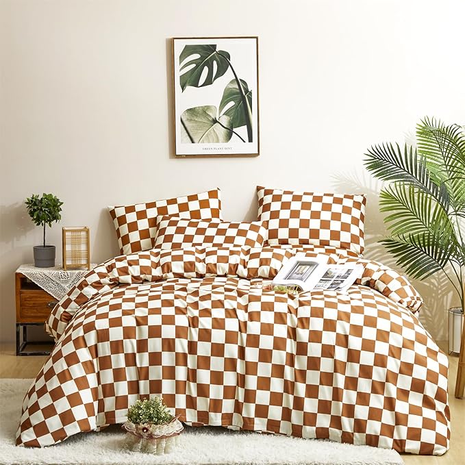 CLOTHKNOW Pumpkin Plaid Comforter Sets Twin/Twin XL 3Pcs Brown Grid Bedding Comforter Sets Rust Bedding Sets