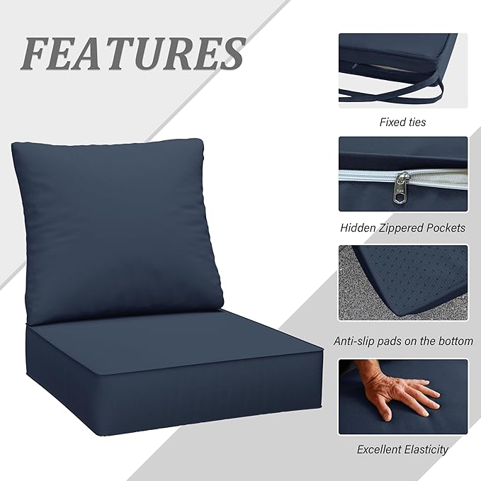 Outdoor Seat Cushion Set 24 x 24 x6.5 Inch Splash-Proof & Fade Resistant Patio Furniture Cushions with Removable Cover Deep Seat & Back Cushion with Straps for Chair Sofa Couch