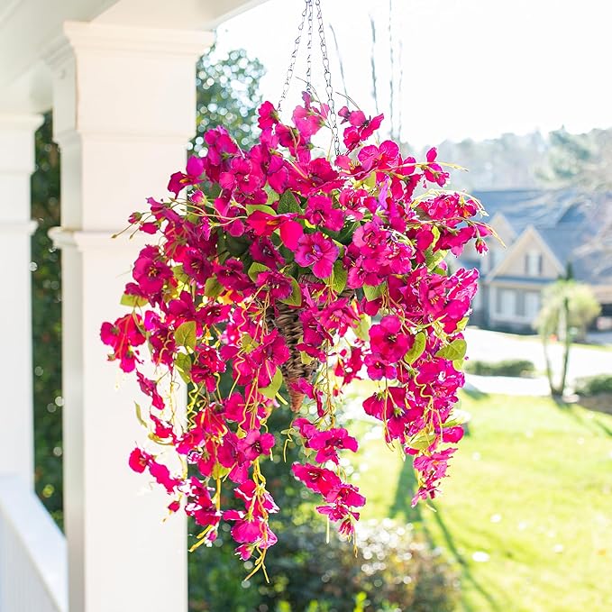 Ivydale Artificial Faux Hanging Flowers Plant Baskets for Outdoors Decoration, Fake Hibiscus UV Resistance Realistic Silk Flower for Outside Home Patio Porch Balcony Garden Wedding, Fuchsia