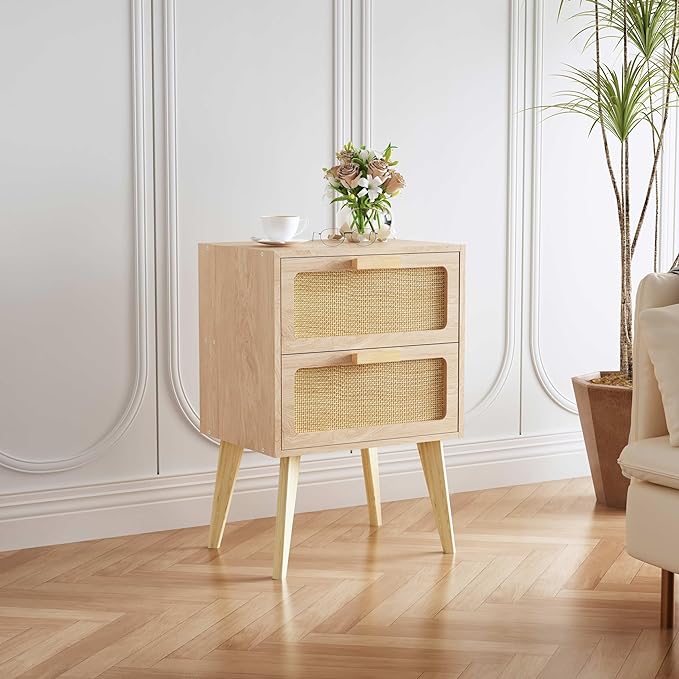 Rattan Nightstand Set of 2,Side Table with Hand Made Rattan Decorated Drawers,Boho Bedside Table,Wood Accent Table with Storage for Small Space,Livingroom, Bedroom, Natural CTG59Y-2