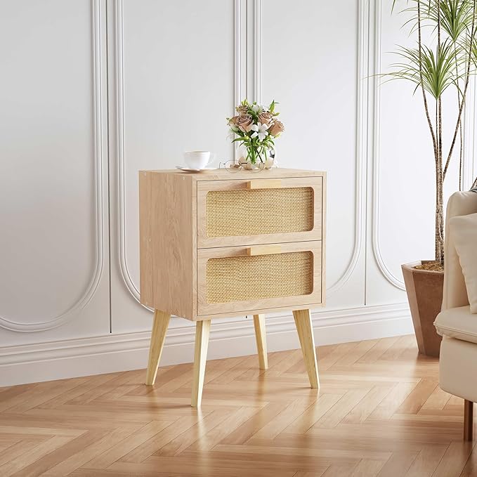 Rattan Nightstand,Boho Bedside with Storage,End Table,Side Table with 2 Hand Made Rattan Decorated Drawers for Small Space,Livingroom,Bedroom,Natural 11.8" D x 16" W x 22.4" H CTG59Y