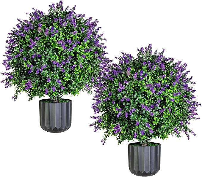 Set of 2 Pack Large Artificial Plants Lavender Topiary Ball Tree, 21" Tall Outdoor Simulated Potted Bushes UV Resistant, Faux Lavender Shrubs Suitable for Indoor, Front Porch, Home Garden Decor
