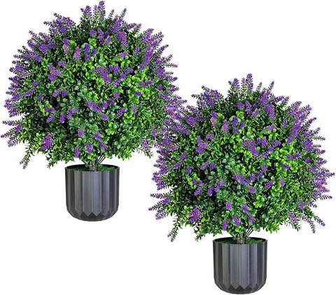 Set of 2 Pack Large Artificial Plants Lavender Topiary Ball Tree, 21" Tall Outdoor Simulated Potted Bushes UV Resistant, Faux Lavender Shrubs Suitable for Indoor, Front Porch, Home Garden Decor