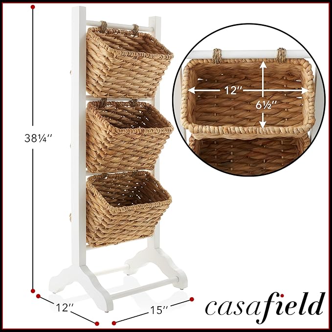 Casafield 3-Tier Floor Stand with Water Hyacinth Storage Baskets, White/Natural - Standing Organizer Rack for Bathroom, Kitchen, Laundry, Living Room