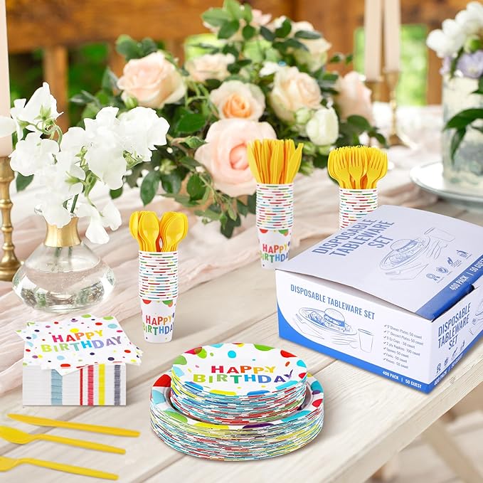 400 Pieces Happy Birthday Party Decorations Including Disposable Paper Plates Cups Napkins Tableware Sets Serves 50 for Birthday Party Supplies