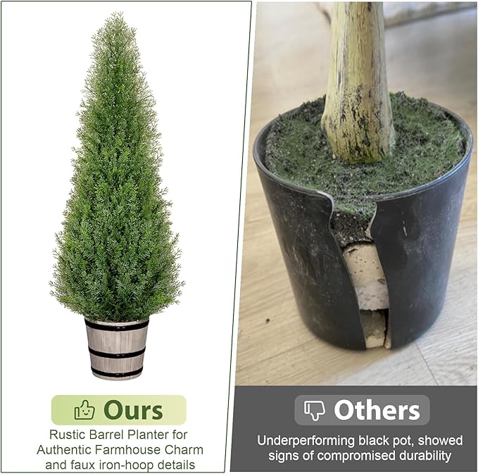 3FT Artificial Cedar Topiary Trees with Rustic Barrel Planter, Outdoor Indoor Realistic Faux Pine Shrubs Plants, Fake Cypress Trees for Home Offices Porch Decor, Set of 2