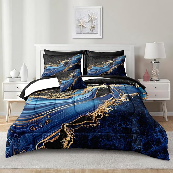 Blue and Gold Comforter Blue Marble Bedding Set 8 Pieces Full Bed in a Bag with 1 Black Gold Comforter, 1Flat Sheet, 1 Fitted Sheet, 4 Pillowcases, 1 Marble Cushion Cover
