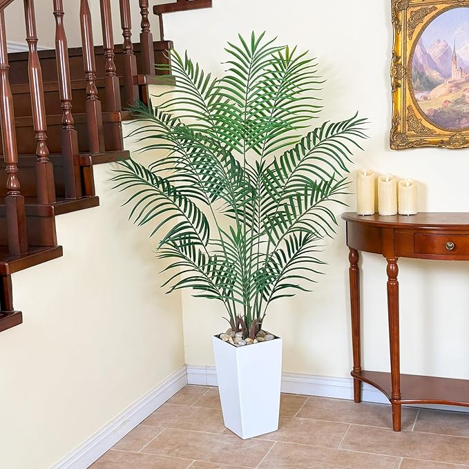 Bellacat UV Resistant 5ft Faux Palm Tree with Tall White Decorative Planter, 60in Artificial Palm Tree with Realistic Leaves & Branches, Fake Palm Tree for Home Office Porch Front Door Patio Decor.