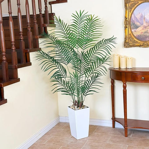 Bellacat UV Resistant 5ft Faux Palm Tree with Tall White Decorative Planter, 60in Artificial Palm Tree with Realistic Leaves & Branches, Fake Palm Tree for Home Office Porch Front Door Patio Decor.