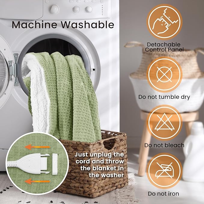 Heated Blanket Electric Blanket King Waffle, 90x100 Inches Dual Controllers Sherpa Fleece Fast Heating Blanket 6 Heating Levels & 10 Hours Auto Off ETL Certification, Sage King