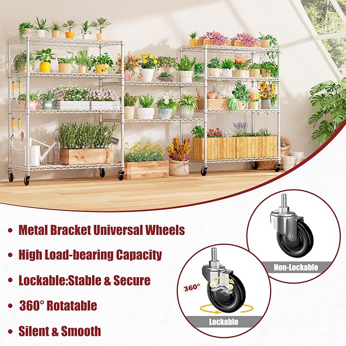 PrimeZone 2 Pack 48" W Wire Shelving Heavy Duty with Wheels,5 Tier Adjustable Garage Storage Shelves Unit,Rolling Metal Organizer Shelf Utility Rack Warehouse,Pantry,Chrome 48" Wx24 Dx81 H