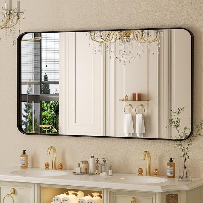 55×30 Black Vanity Mirror for Bathroom Sink - Rectangle Aluminum Frame Mirror with Tempered Glass & Rounded Corners for Living Room, Hallway, Horizontal/Vertical, Home Decor