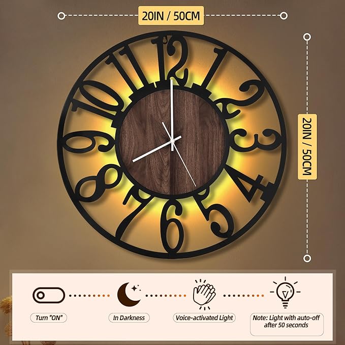 LEIKE Large LED Wall Clocks,Silent,Non Ticking,Battery Operated Rustic Round Modern Big Wood Wall Clock for Living Room, Bedroom,Kitchen,Farmhouse,Office,Home Decor -20" Black,LED,Arabic Number