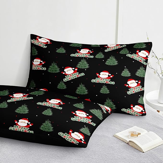 Bedorm Green Christmas Tree Comforter Santa Claus Bedding Set Merry Xmas Holiday Bedroom Decor White Snowflake Black Winter Comforter Set Queen Size