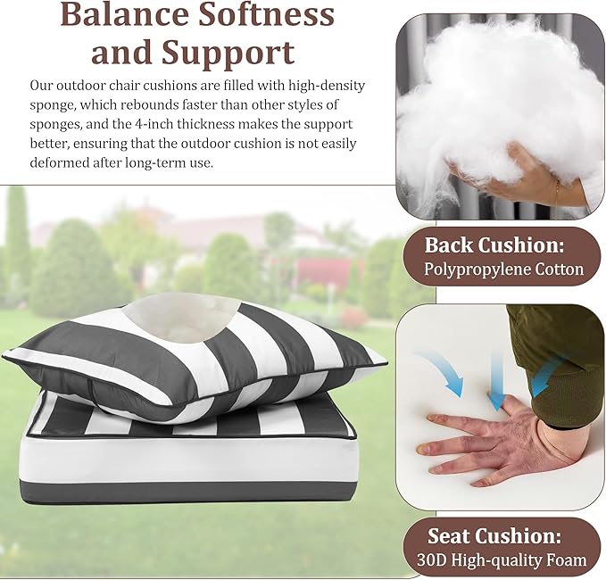Waterproof Outdoor Chair Cushion Set of 3, 24x24x5 IN Deep Seat Patio Cushions with Fade Resistant Removable Cover,Outdoor Cushions for Patio Furniture with Ties&Handle for Chair Sofa Couch,GrayStripe
