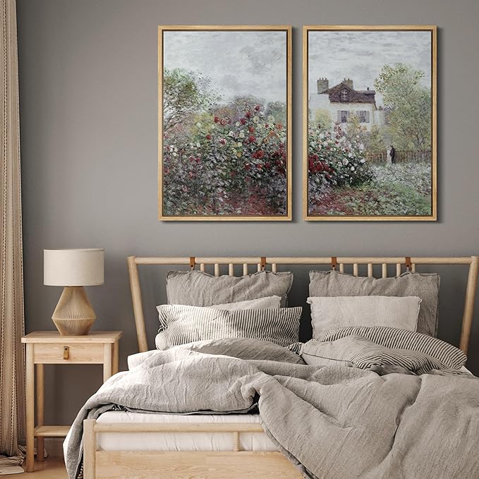 MUDECOR Framed Canvas Print Wall Art Blooming Garden and Cottage Romantic Floral Landscape Nature Wilderness Illustrations Realism Decorative for Living Room, Bedroom, Office - 24"x36"x2 Natural