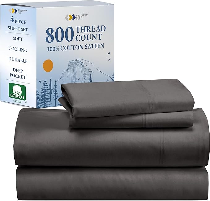California Design Den Luxury 100% Cotton Sheets Queen Size - Buttery Soft 800 Thread Count Sateen- Beats Fake Egyptian Claim, Bedding Set with Durable Deep Pocket Fitted Sheet (Grey)