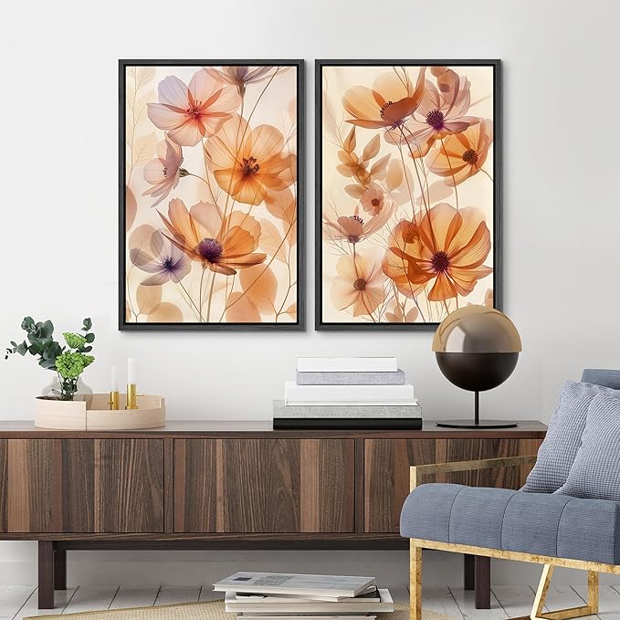 MUDECOR Framed Canvas Print Wall Art Orange Purple Wildflower Botanical Illustrations Modern Art Decorative Bohemian Colorful Chic for Living Room, Bedroom, Office - 24"x36"x2 Black