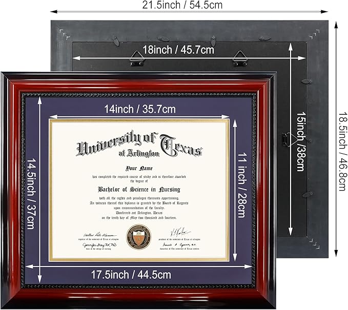 11x14 Diploma Degree Frame with Purple Mat or Display 15x18 Certificates without Mat,Solid Wood,Cherry Finish with Intricate Black Rope Detail,UV Protection Acrylic