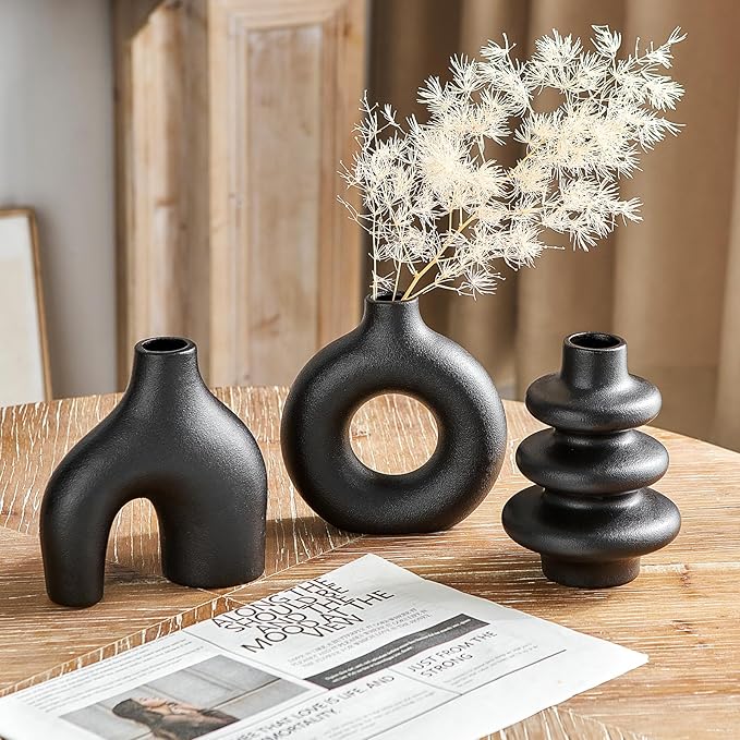 Black Ceramic Vase Set of 3, Modern Boho for Home Decor, Small Flower Vases for Pampas Grass, Round Centerpieces for Wedding, Coffee Table, Shelf, Living Room, Bedroom, Entryway