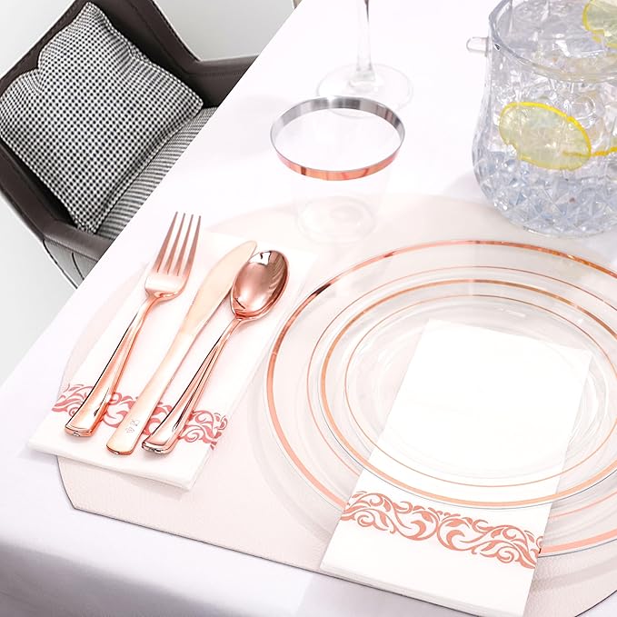 DaYammi 350Pcs Rose Gold Dinnerware Set Include: 50 Dinner Plates 10.25’’,50 Dessert Plates 7.5’’,50 Rose Gold Cutlery,50 Disposable Cups 9 OZ with 50 Napkins for Party