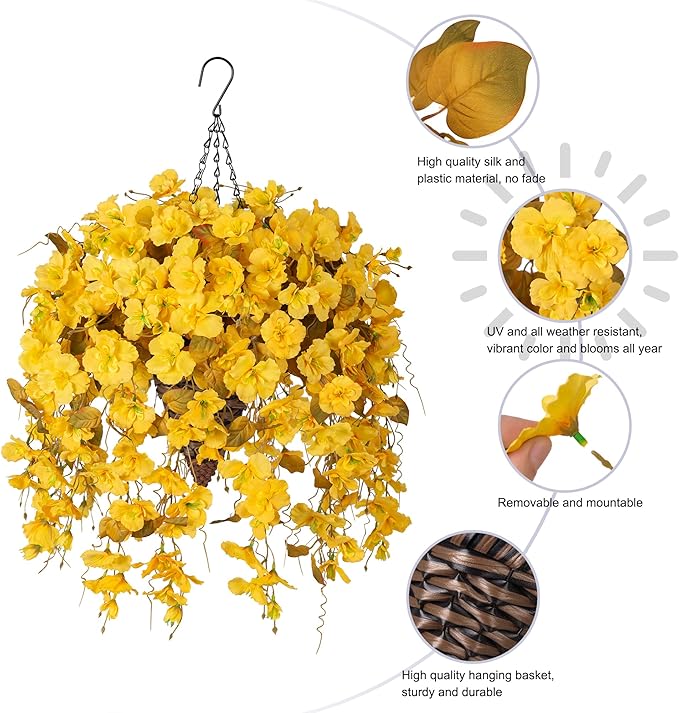 Ivydale Artificial Fall Hanging Flowers with Basket for Outdoors Decoration, Fake Hibiscus Vines Faux Plants Realistic Silk Flowers for Planters Outside Home Patio Porch Balcony, Fall Yellow