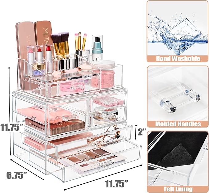 Sorbus Huge Acrylic Makeup Organizer - Extra Large Makeup Case & Display - Stackable 3 Piece Cosmetic Organizers and Storage Set with Acrylic Drawers - Great Vanity, Dresser & Bathroom Organizer