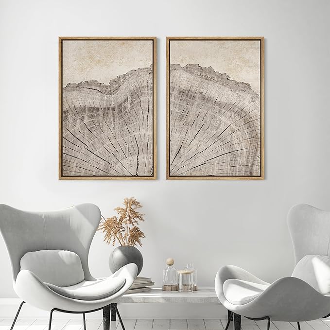 MUDECOR Framed Canvas Print Wall Art Oak Wood Tree Rings Nature Illustration Modern Art Decorative Multicolor Geometric Minimal for Bedroom - 16"x24"x2 Natural