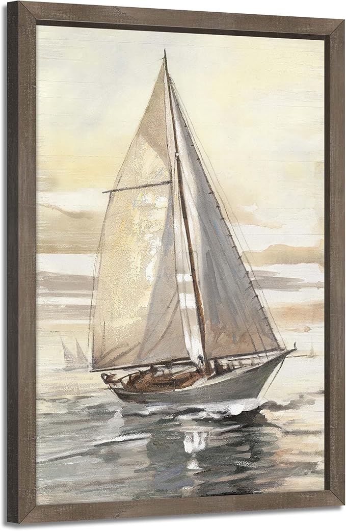 Ocean Sailboat Framed Wall Art - Nautical Boat Painting Coastal Sailing Artwork Sunset Seascape Picture Sea Beach Prints Wooden Decor for Bedroom