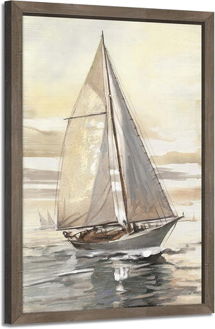 Ocean Sailboat Framed Wall Art - Nautical Boat Painting Coastal Sailing Artwork Sunset Seascape Picture Sea Beach Prints Wooden Decor for Bedroom