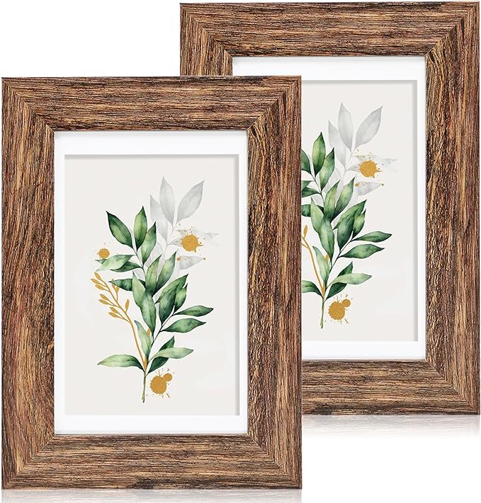 4x6 Picture Frame Set of 2, Made of Real Glass and Rustic Brown Wooden Frame - Display Pictures 3.5x5 with Mat or 4x6 Without Mat, 4 by 6 Photo Frame for Wall or Tabletop Display