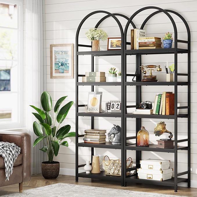 Tribesigns 5-Tier Open Bookshelf Set of 2, 74.4" Wood Bookcase Storage Shelves with Metal Frame, Freestanding Display Rack Tall Shelving Unit for Office, Bedroom, Living Room (Black, 2PCS)