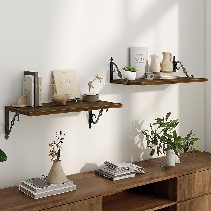Floating Shelves for Wall, 24"W x 8"D Wall Shelves, 12 Inch Deep Floating Shelf with Bracket, 24 Inch Floating Shelves for Living Room and Bathroom, Display & Storage Shelves, Walnut, Set of 2